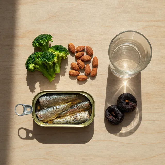 Boîte de sardines, amandes, brocoli, figues sèches et verre d'eau disposés sur une table en bois, sources de calcium hors produits laitiers