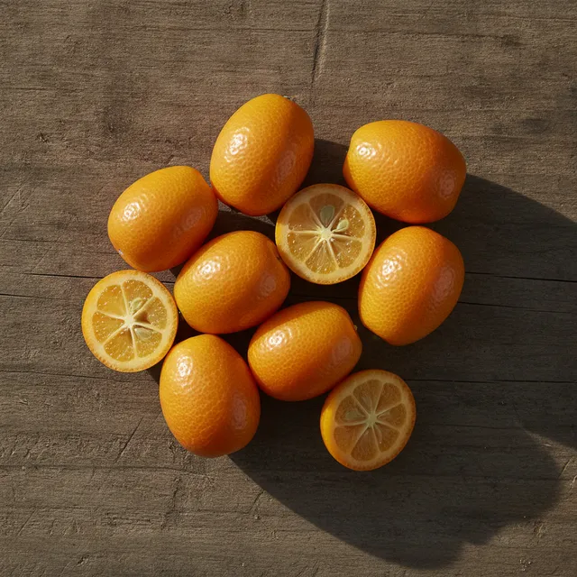 Kumquats entiers et coupes en deux sur une planche en bois, lumiere naturelle