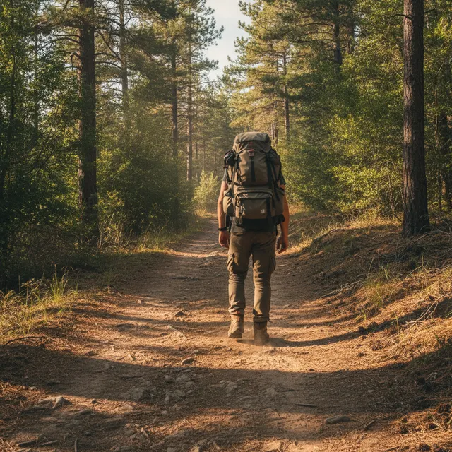 Un randonneur de dos avec un sac à dos progresse sur un sentier de terre à travers une forêt de pins ensoleillée
