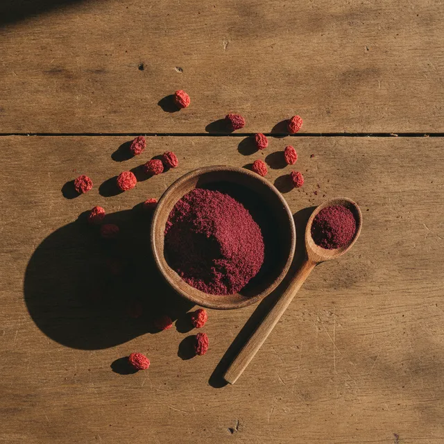 Bol de poudre de sumac rouge sombre et baies séchées sur une table en bois