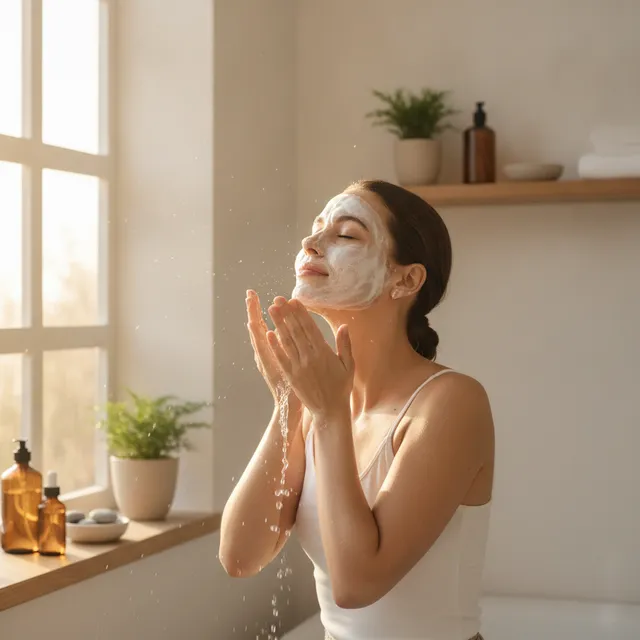 Femme se nettoyant le visage le soir dans une salle de bain claire