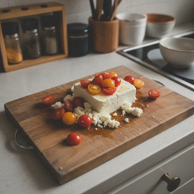 Un bloc de feta blanche et de la feta emiettee avec des tomates cerises sur une planche en bois dans une cuisine