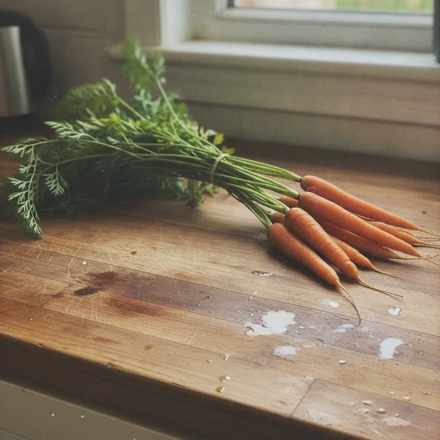 Botte de carottes fraîches avec leurs fanes posée sur un plan de travail en bois