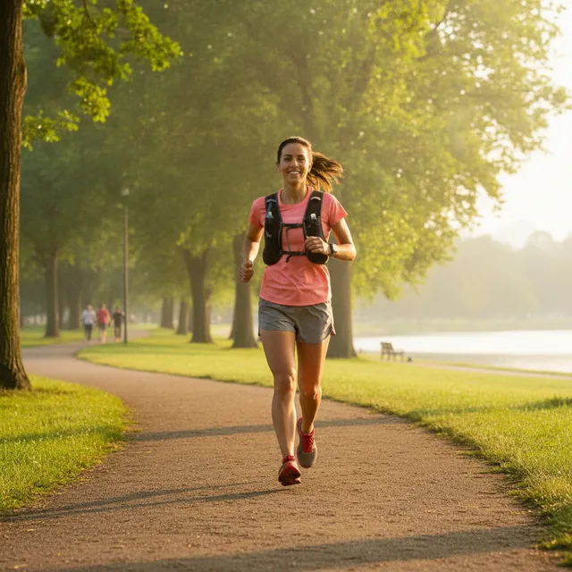Coureur amateur courant sur un sentier de parc le matin