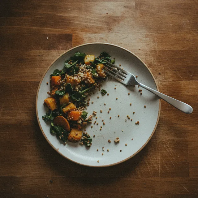 Assiette de légumes et quinoa à moitié mangée avec une fourchette posée sur le bord, sur une table en bois