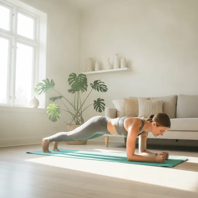 Une personne réalise un gainage en planche sur les avant-bras, sur un tapis de fitness dans un salon lumineux