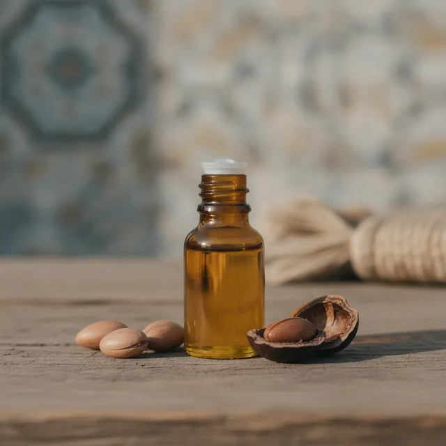 Flacon d'huile d'argan dorée, amandons et coque ouverte sur une table en bois