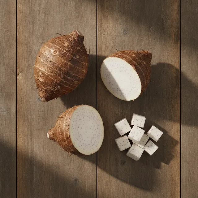 Racines de taro entières et coupées, chair blanche mouchetée de violet, sur une planche en bois