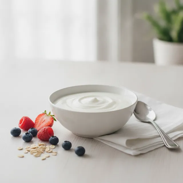 Bol de yaourt nature cremeux avec fruits frais et flocons d'avoine sur une table claire