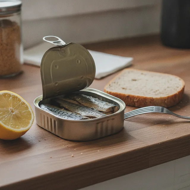 Boite de conserve ouverte de filets de maquereau au naturel sur un plan de travail en bois, avec un demi-citron et une tranche de pain complet