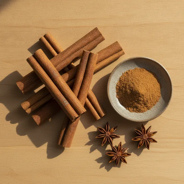 Batons de cannelle et cannelle en poudre dans une soucoupe avec des etoiles de badiane, vue de dessus sur table en bois