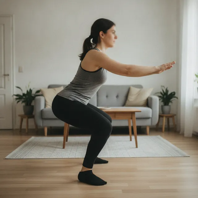 Une personne en tenue de sport effectue une flexion sur les jambes dans un salon, en pleine descente contrôlée