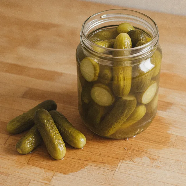 Bocal de cornichons dans leur saumure sur un plan de travail en bois, quelques cornichons posés à côté