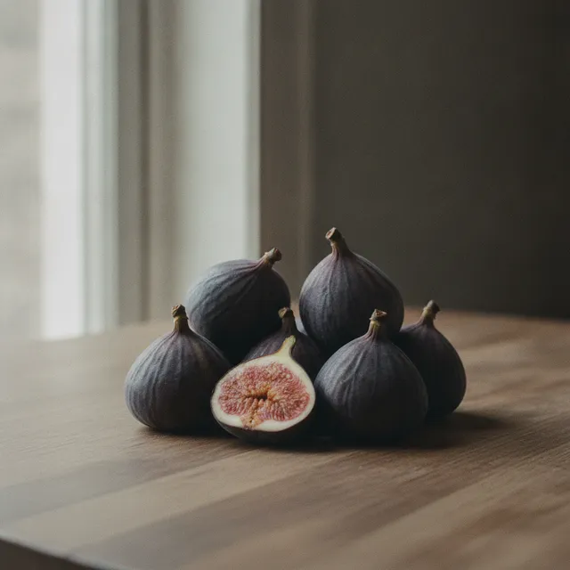 Quelques figues violettes fraîches posées sur une table en bois, l'une coupée en deux montrant sa chair rose