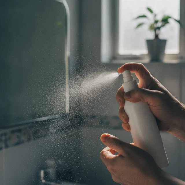Main vaporisant une fine brume d'eau thermale devant un miroir de salle de bain
