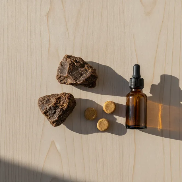 Morceaux de propolis brute, flacon compte-gouttes ambré et pastilles sur une table en bois