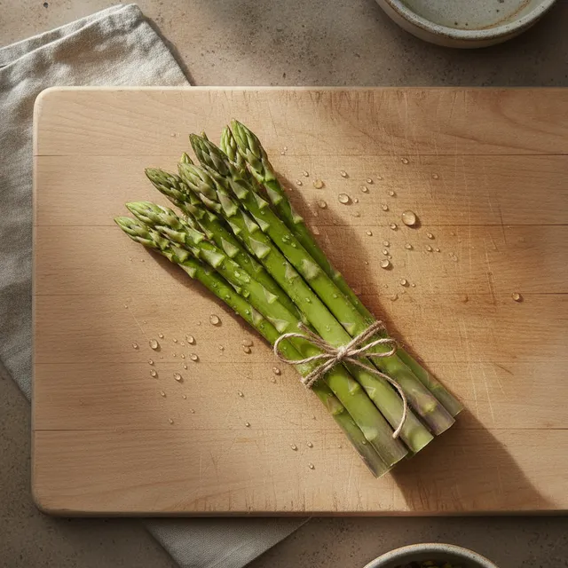 Botte d'asperges vertes fraîches sur une planche en bois, vue de dessus