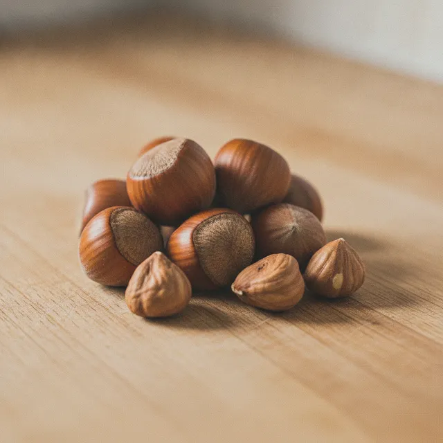 Une poignée de noisettes entières avec leur peau brune, dont quelques-unes décortiquées, sur un plan de travail en bois clair