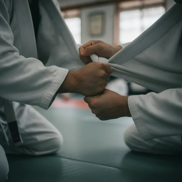 Gros plan sur des mains agrippant le col d'un kimono blanc de jiu-jitsu brésilien au sol sur un tatami