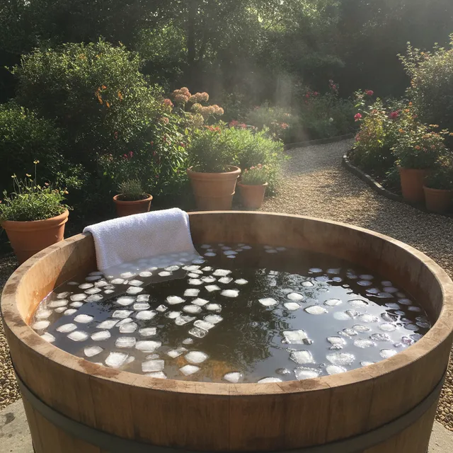 Cuve en bois d'un bain froid installé dans un jardin, glaçons flottant à la surface de l'eau, vapeur légère au petit matin