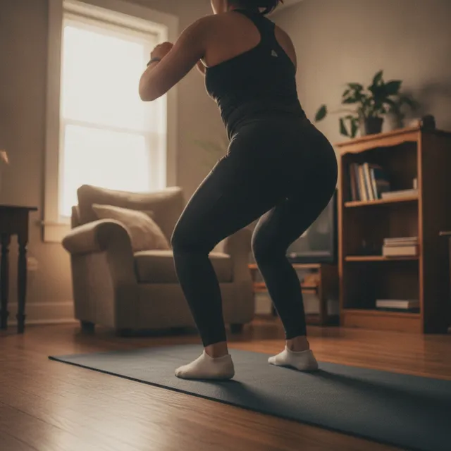 Personne en tenue de sport faisant un squat sauté sur un tapis dans un salon, lumière naturelle