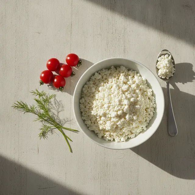 Bol de cottage cheese en grains avec tomates cerises et herbes fraiches, vue de dessus