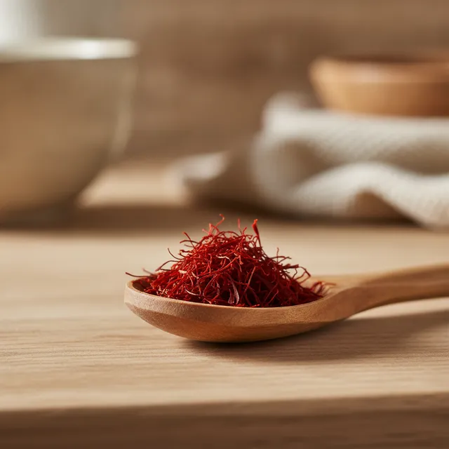 Filaments de safran rouge sombre dans une cuillère en bois sur un plan de travail clair