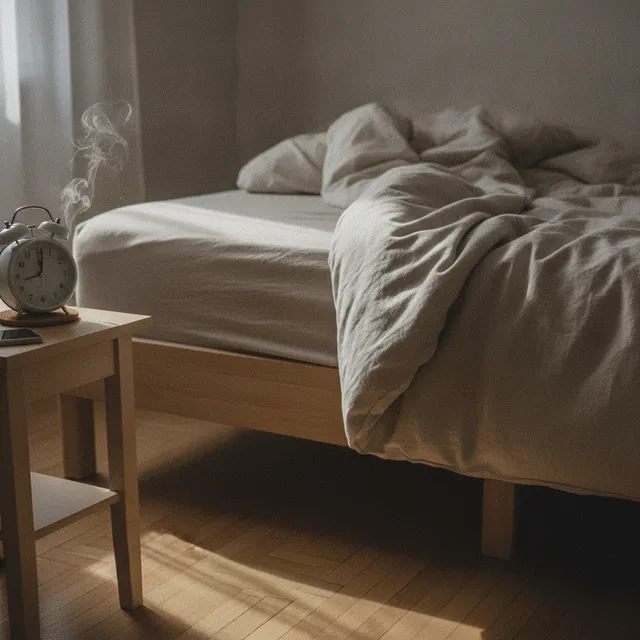 Reveil analogique sur une table de chevet pres d'un lit defait, lumiere du matin par la fenetre