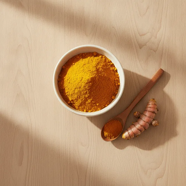 Bol de poudre de curcuma jaune-orangé et racine fraîche sur une table en bois clair