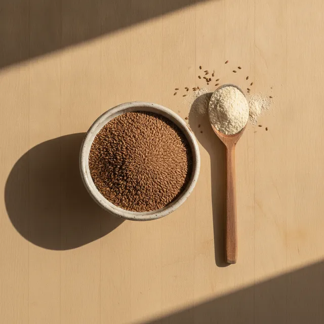 Bol de grains de teff et cuillère de farine de teff sur une table en bois clair