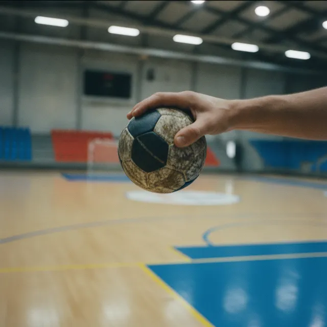 Une main tenant un ballon de handball au-dessus d'un terrain de sport en salle
