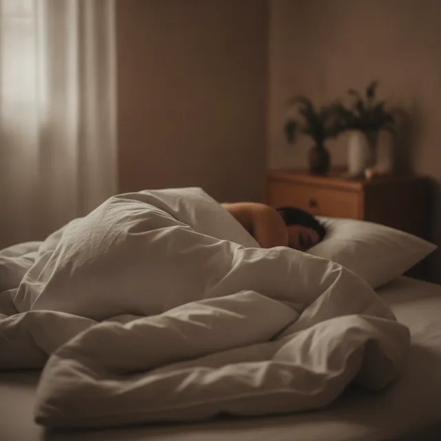 Personne endormie sur le côté sous une couette blanche, chambre à la lumière tamisée