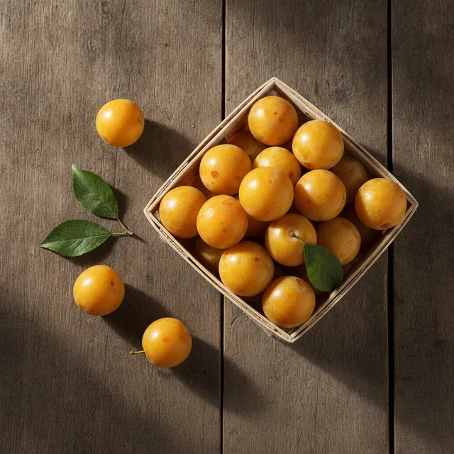 Cagette en bois débordant de mirabelles dorées bien mûres, posée sur une table en bois, vue de dessus