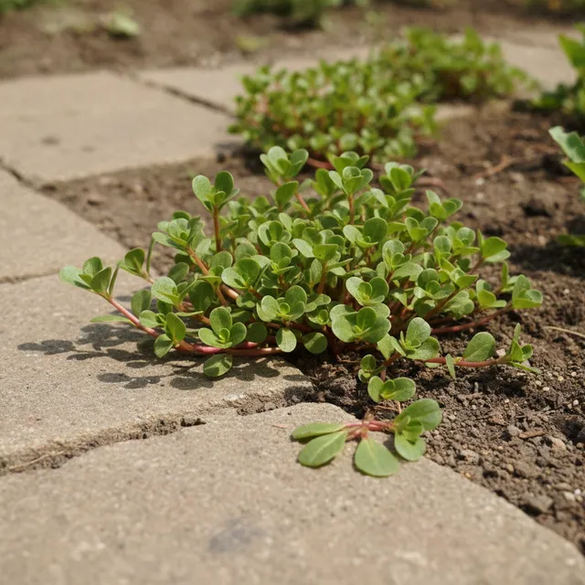 Touffes de pourpier aux feuilles charnues vertes et tiges rougeatres poussant entre des dalles de pierre dans un potager