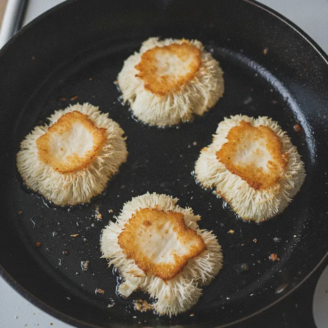 Tranches de champignon crinière de lion dorées dans une poêle en fonte