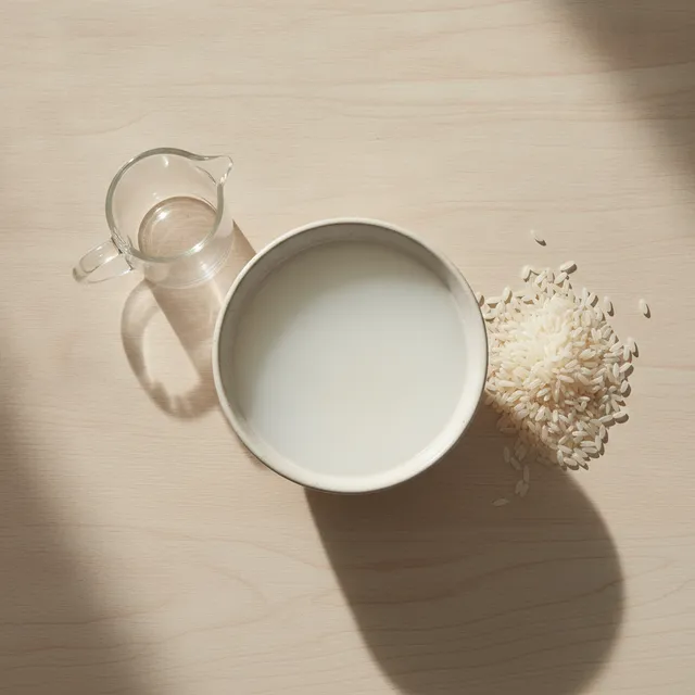 Bol d'eau de riz blanche laiteuse a cote d'une poignee de grains de riz cru et d'un pichet en verre, vue de dessus sur table en bois clair
