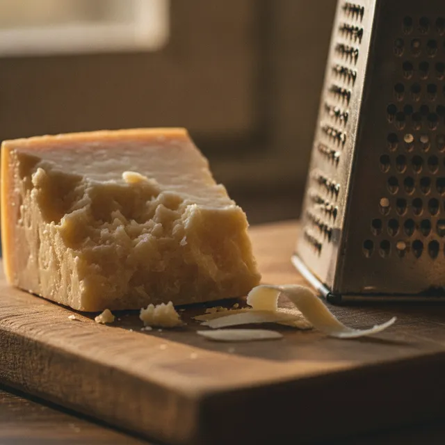 Morceau de parmesan à la texture granuleuse avec copeaux et râpe sur une planche en bois