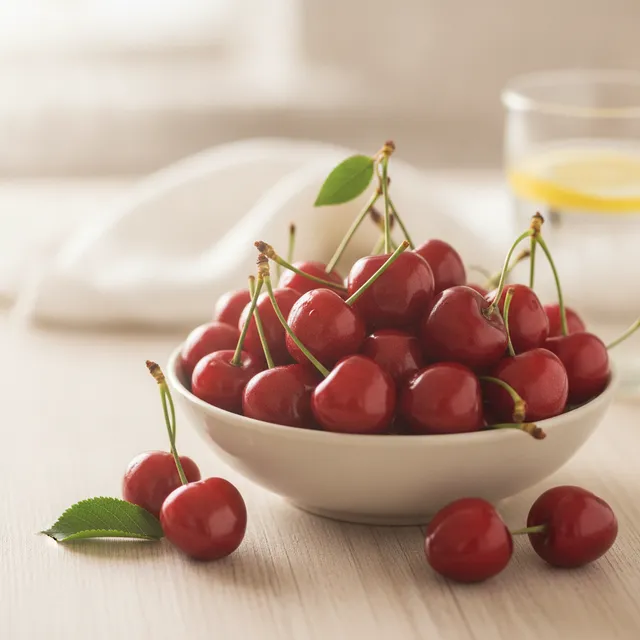 Bol de cerises rouges fraîches avec leurs queues, posé sur une table en bois clair