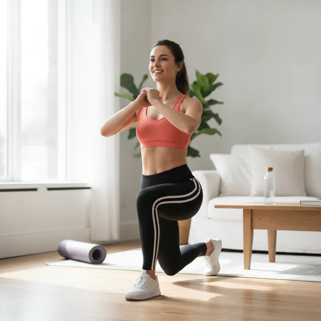 Une femme en tenue de sport réalise une fente avant dans un salon lumineux