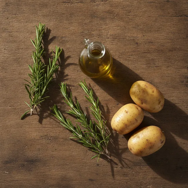 Branches de romarin frais, une bouteille d'huile d'olive et des pommes de terre sur une table en bois