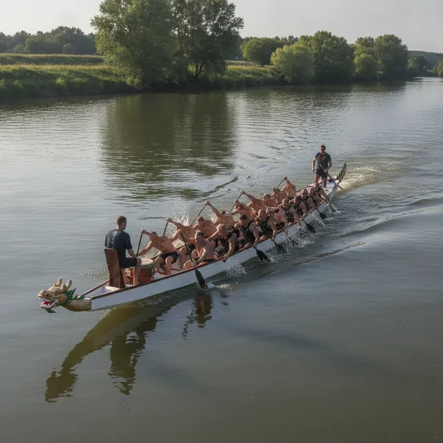 Un bateau-dragon avec sa tête sculptée à la proue et deux rangées de pagayeurs sur une rivière