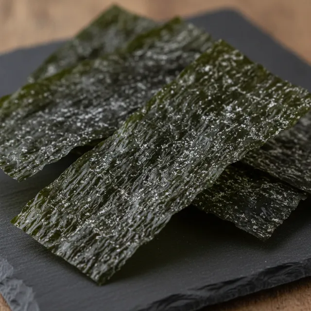 Morceaux d'algue kombu séchée brun-vert couverts d'un voile de sel, posés sur une ardoise sombre
