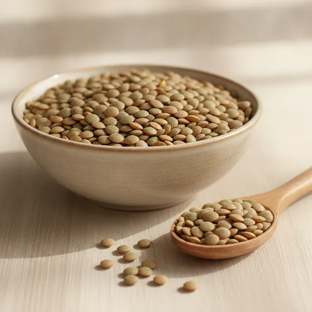 Bol de lentilles vertes sèches et cuillère en bois sur une table claire