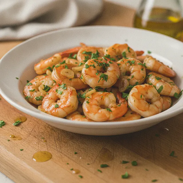 Assiette de crevettes roses cuites à la poêle avec de l'ail et du persil sur un plan de travail en bois