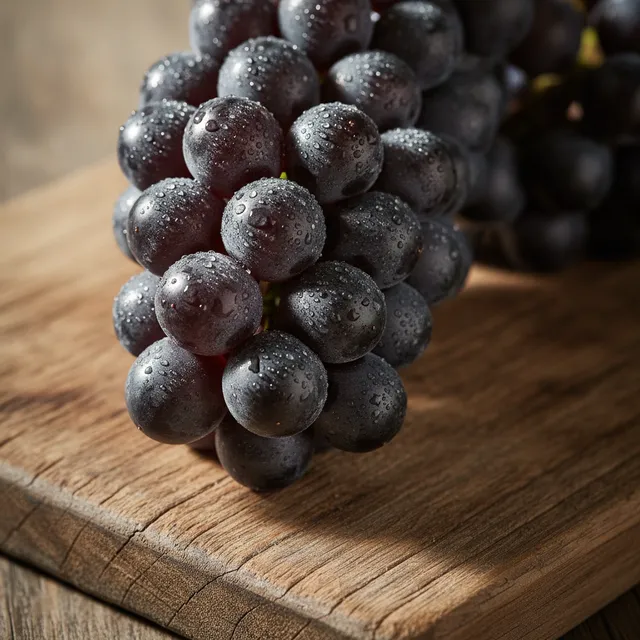 Grappe de raisin noir couverte de gouttes d'eau sur la peau, posée sur une planche en bois