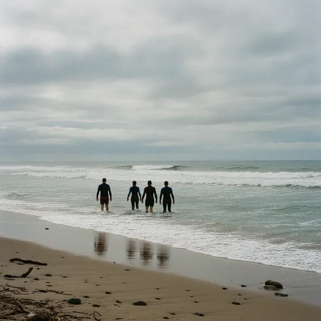 Un petit groupe marche dans la mer en combinaison, de l'eau jusqu'à la taille, lors d'une séance de longe-côte sur une plage