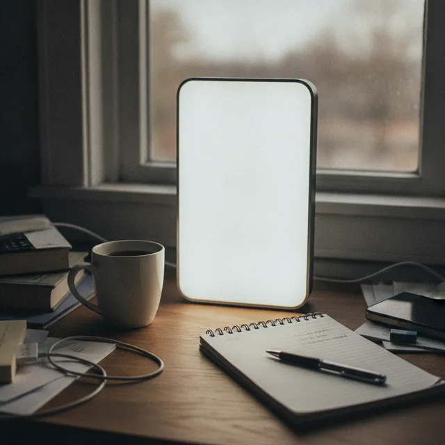 Lampe de luminothérapie allumée posée sur un bureau en bois près d'une fenêtre le matin, avec une tasse de café et un carnet