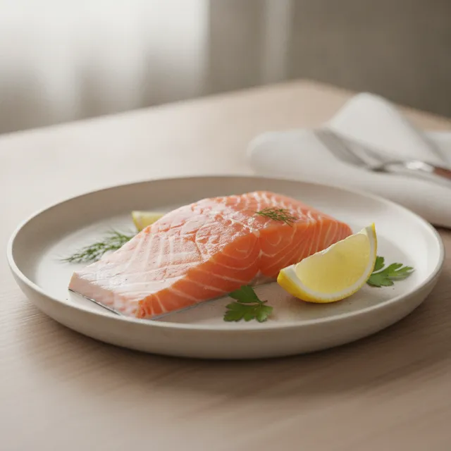 Pavé de saumon frais avec citron sur une assiette claire