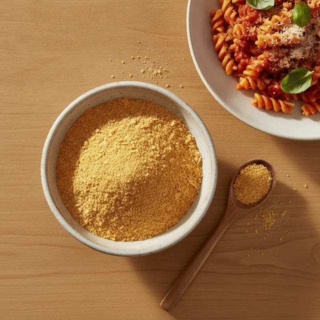 Bol de paillettes de levure maltée dorées à côté d'une assiette de pâtes à la tomate