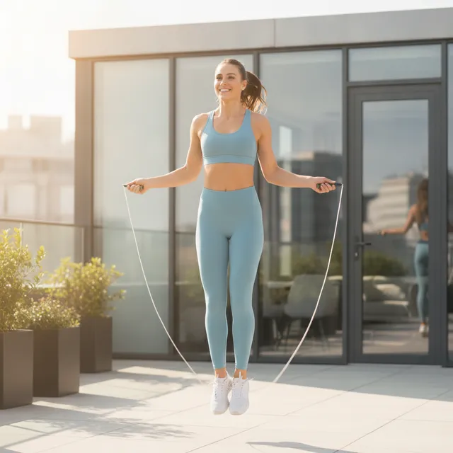 Une personne en tenue de sport sautant à la corde dans un intérieur lumineux